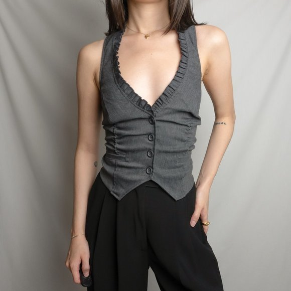 Vintage Tops - y2k gray ruched ruffle trim plunge v neck cropped vest waistcoat top by love cul